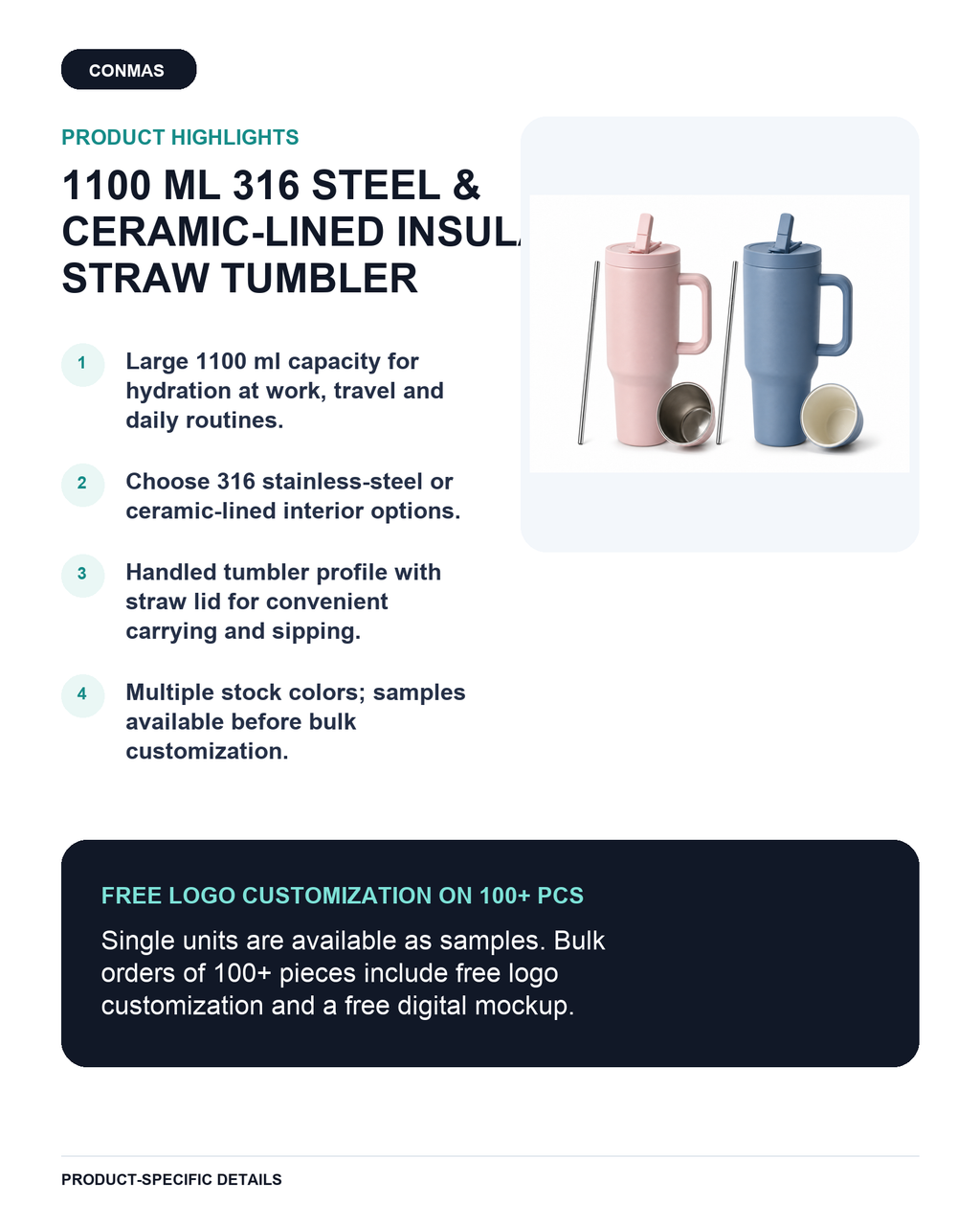 1100 ml 316 Stainless Steel & Ceramic-Lined Insulated Straw Tumbler