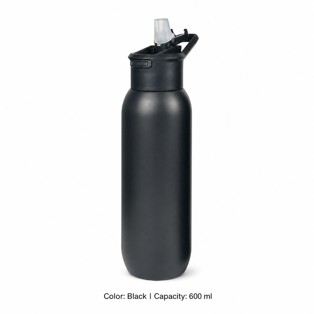304 Stainless Steel Vacuum Sports Bottle, Straw — 600 ml / Black
