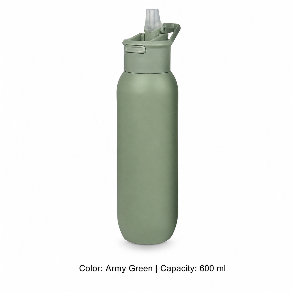 304 Stainless Steel Vacuum Sports Bottle, Straw — 600 ml / Army Green