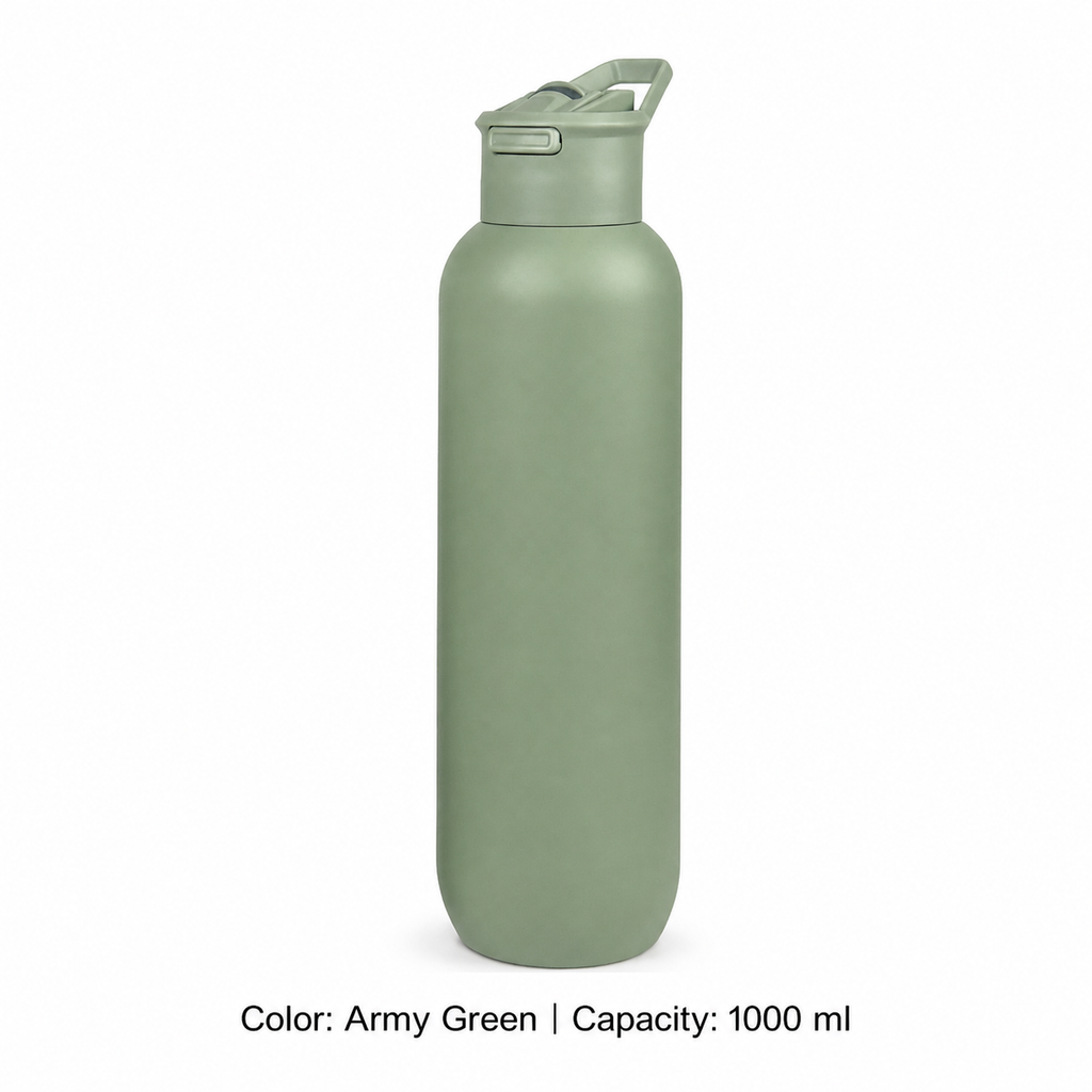 304 Stainless Steel Vacuum Sports Bottle, Straw — 1000 ml / Army Green