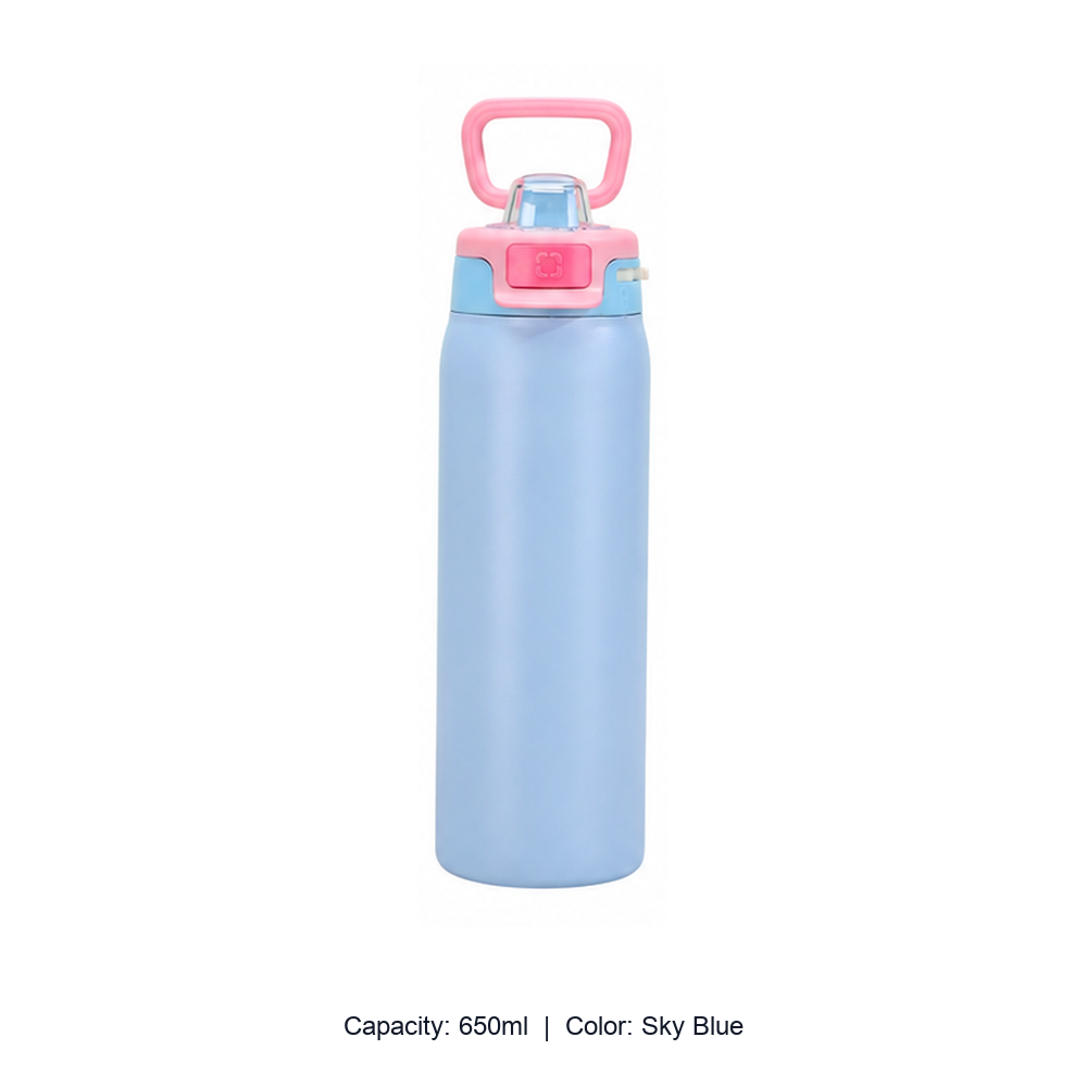 304 Stainless Steel Vacuum Sports Bottle with Straw Lid — 650ml / Sky Blue