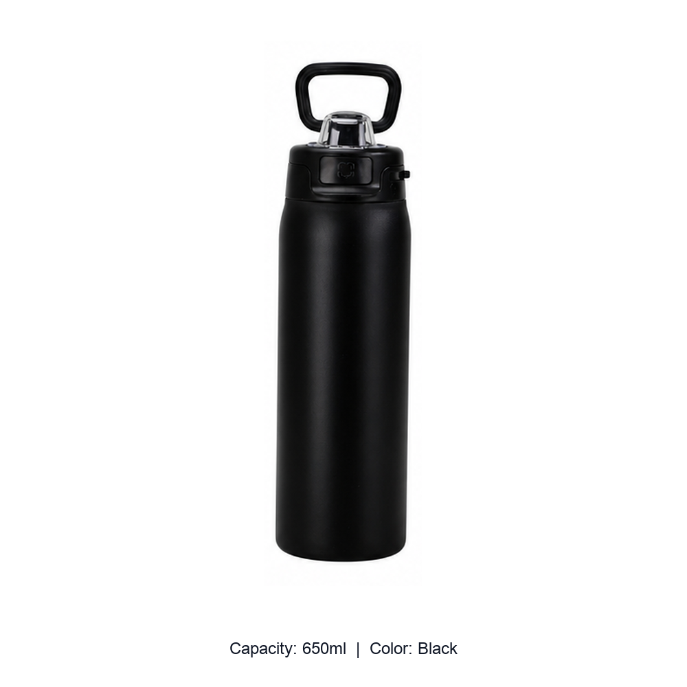 304 Stainless Steel Vacuum Sports Bottle with Straw Lid — 650ml / Black