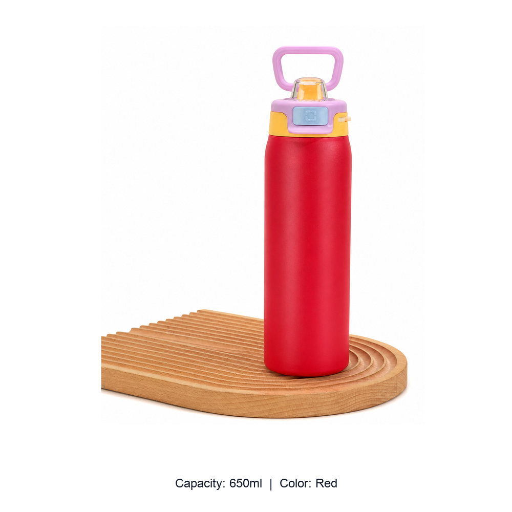 304 Stainless Steel Vacuum Sports Bottle with Straw Lid — 650ml / Red
