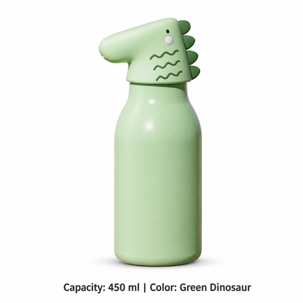 316 Stainless Steel Cartoon Straw Bottle — 450 ml / Green Dinosaur