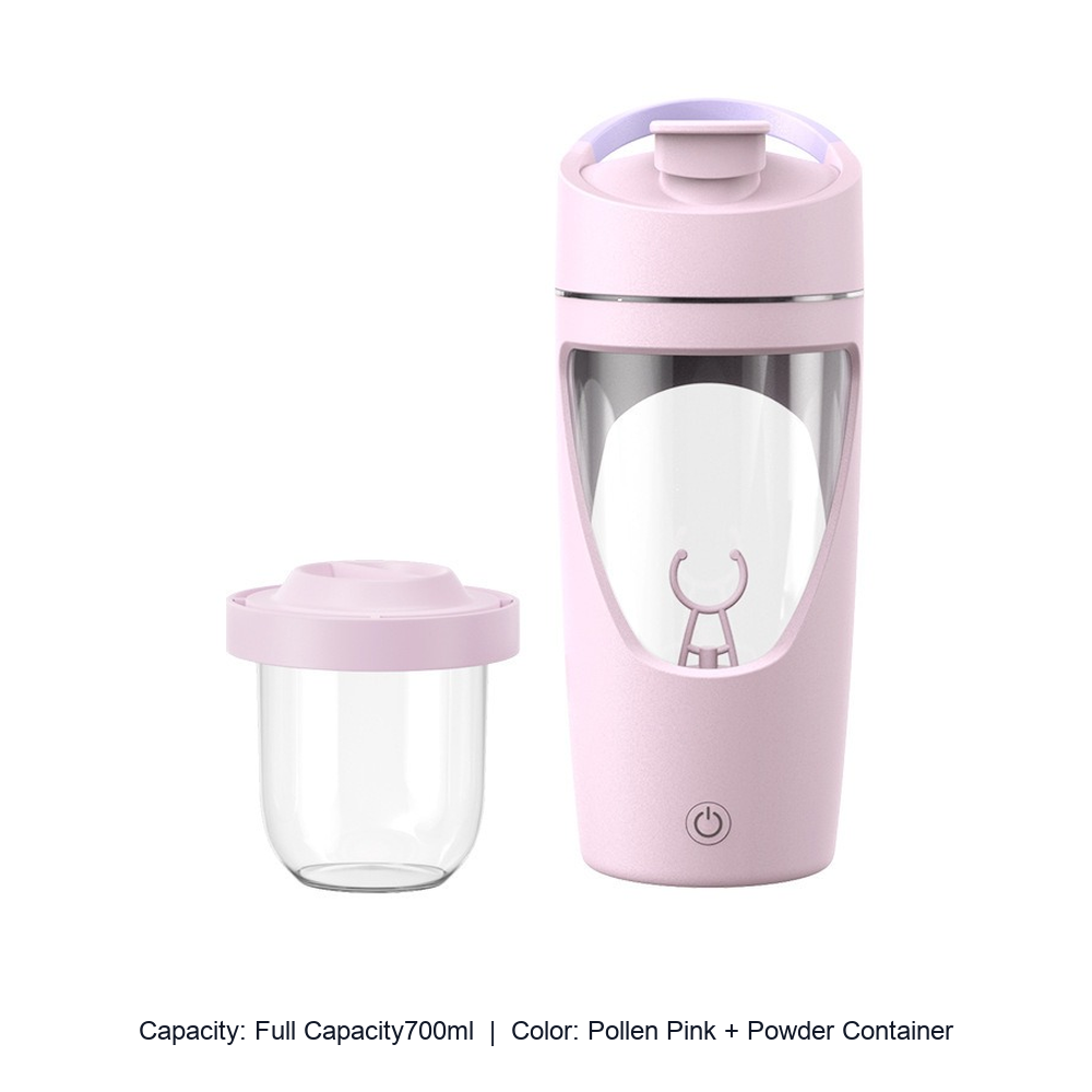 700ml Electric Tritan Mixing Shaker Bottle — Full Capacity700ml / Pollen Pink + Powder Container