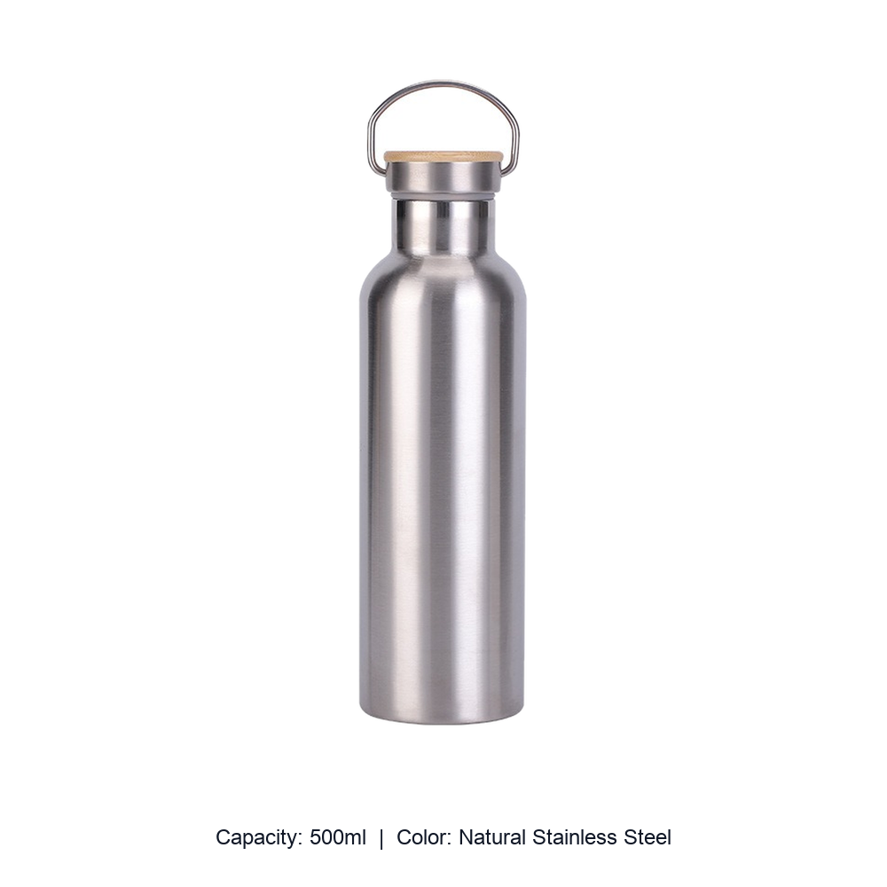 Bamboo-Lid Stainless Steel Wide-Mouth Sports Bottle — 500ml / Natural Stainless Steel