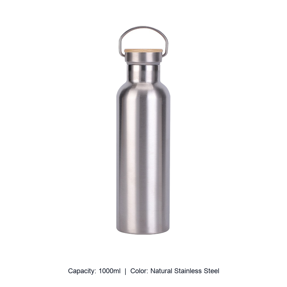 Bamboo-Lid Stainless Steel Wide-Mouth Sports Bottle — 1000ml / Natural Stainless Steel