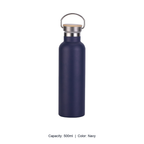 Bamboo-Lid Stainless Steel Wide-Mouth Sports Bottle — 500ml / Navy