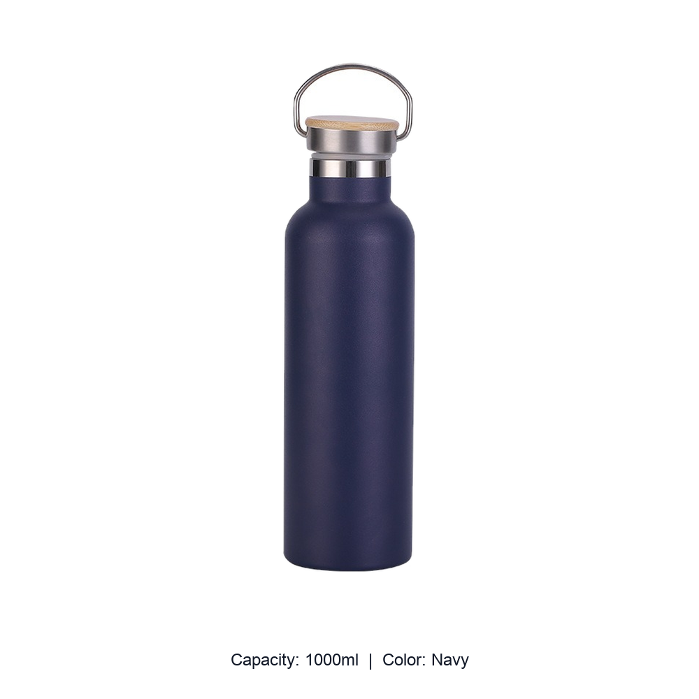Bamboo-Lid Stainless Steel Wide-Mouth Sports Bottle — 1000ml / Navy