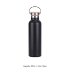 Bamboo-Lid Stainless Steel Wide-Mouth Sports Bottle — 600ml / Black