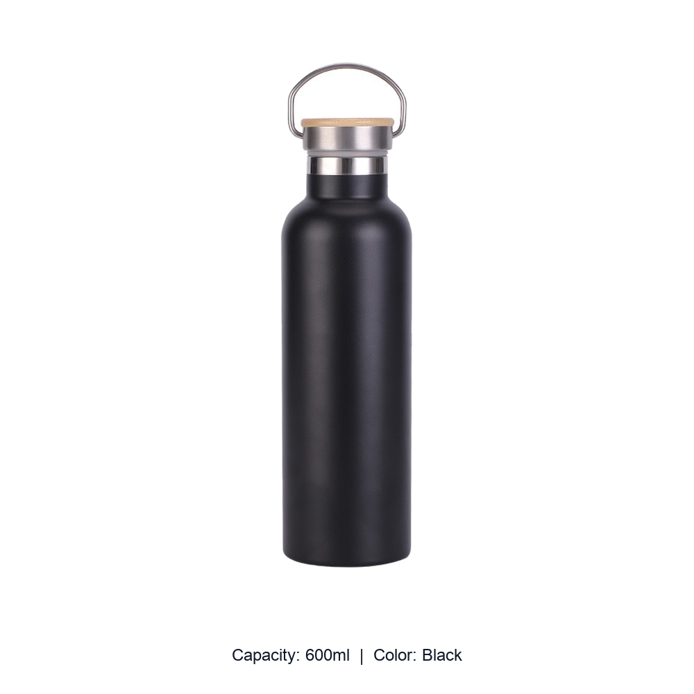 Bamboo-Lid Stainless Steel Wide-Mouth Sports Bottle — 600ml / Black
