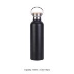 Bamboo-Lid Stainless Steel Wide-Mouth Sports Bottle — 1000ml / Black