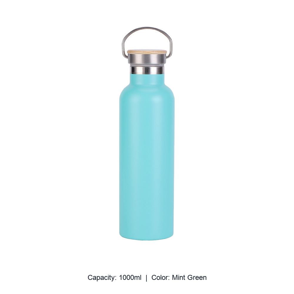 Bamboo-Lid Stainless Steel Wide-Mouth Sports Bottle — 1000ml / Mint Green