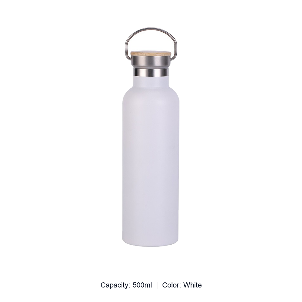 Bamboo-Lid Stainless Steel Wide-Mouth Sports Bottle — 500ml / White