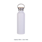 Bamboo-Lid Stainless Steel Wide-Mouth Sports Bottle — 500ml / White