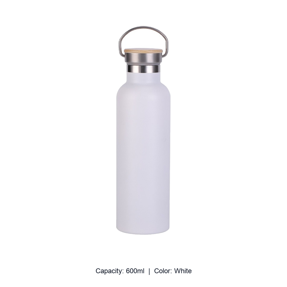 Bamboo-Lid Stainless Steel Wide-Mouth Sports Bottle — 600ml / White