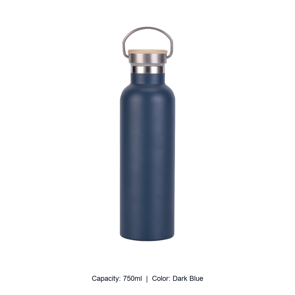Bamboo-Lid Stainless Steel Wide-Mouth Sports Bottle — 750ml / Dark Blue