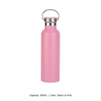 Bamboo-Lid Stainless Steel Wide-Mouth Sports Bottle — 500ml / Steel Lid Pink
