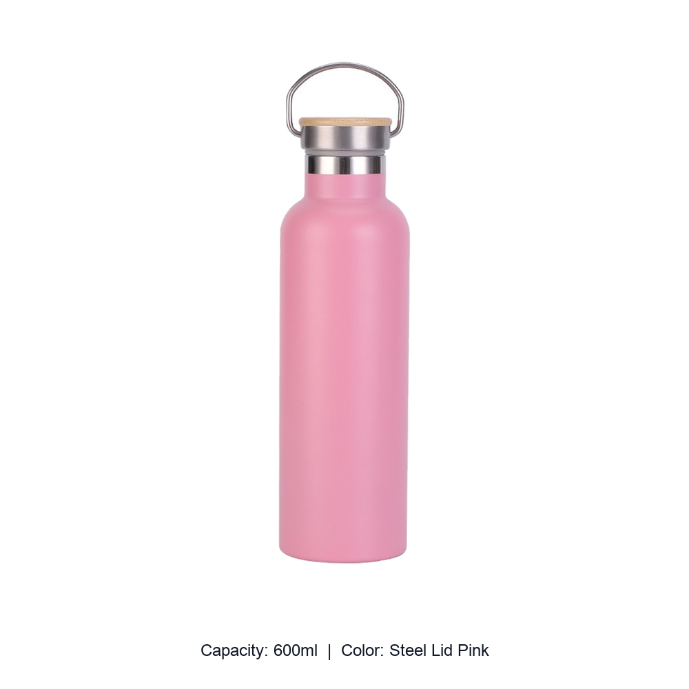 Bamboo-Lid Stainless Steel Wide-Mouth Sports Bottle — 600ml / Steel Lid Pink