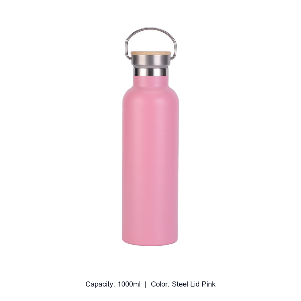 Bamboo-Lid Stainless Steel Wide-Mouth Sports Bottle — 1000ml / Steel Lid Pink