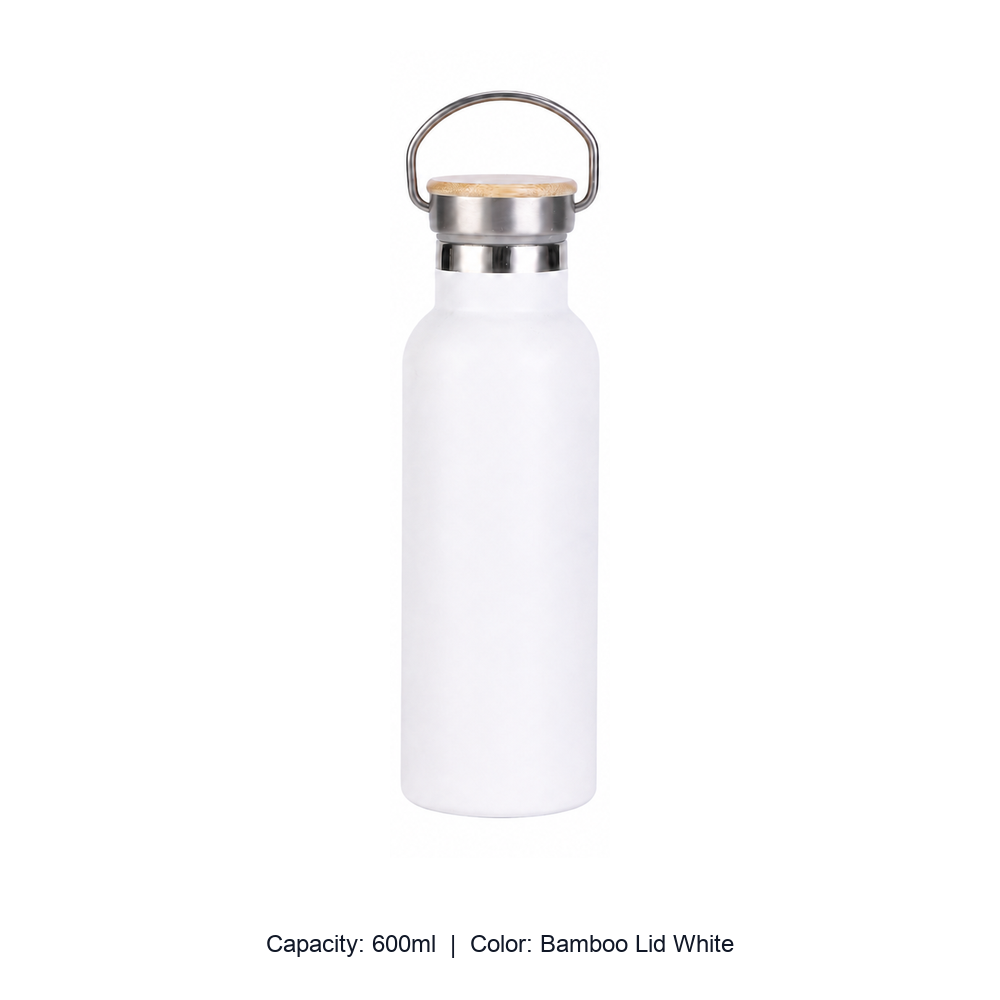 Bamboo-Lid Stainless Steel Wide-Mouth Sports Bottle — 600ml / Bamboo Lid White