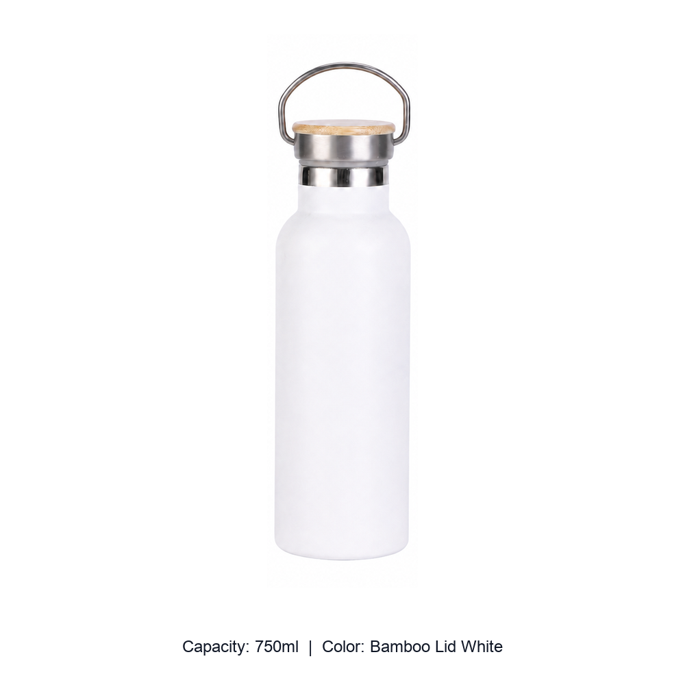 Bamboo-Lid Stainless Steel Wide-Mouth Sports Bottle — 750ml / Bamboo Lid White