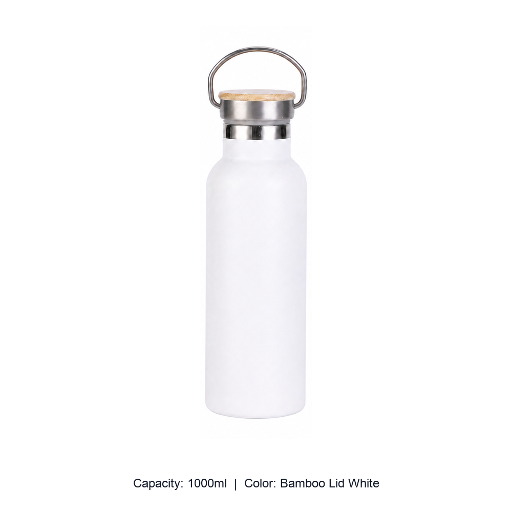 Bamboo-Lid Stainless Steel Wide-Mouth Sports Bottle — 1000ml / Bamboo Lid White
