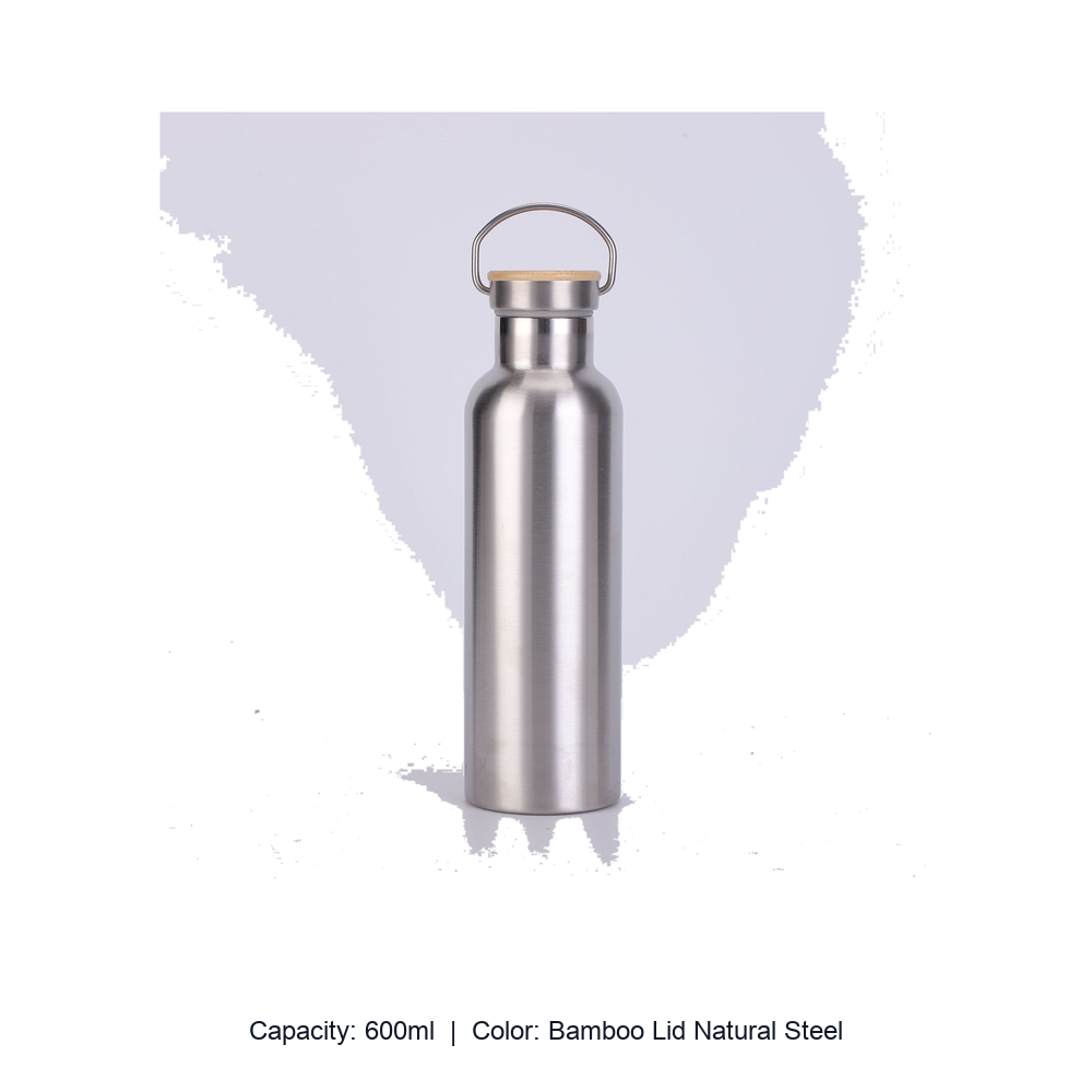 Bamboo-Lid Stainless Steel Wide-Mouth Sports Bottle — 600ml / Bamboo Lid Natural Steel