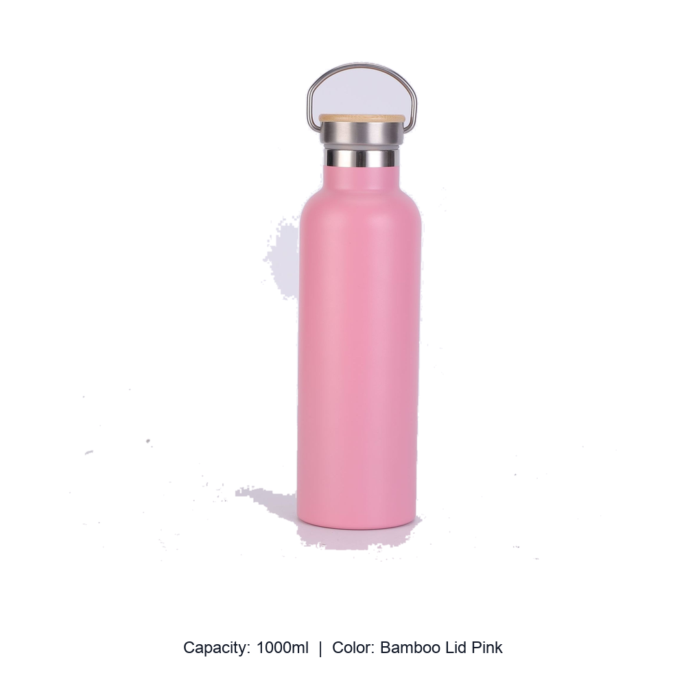 Bamboo-Lid Stainless Steel Wide-Mouth Sports Bottle — 1000ml / Bamboo Lid Pink