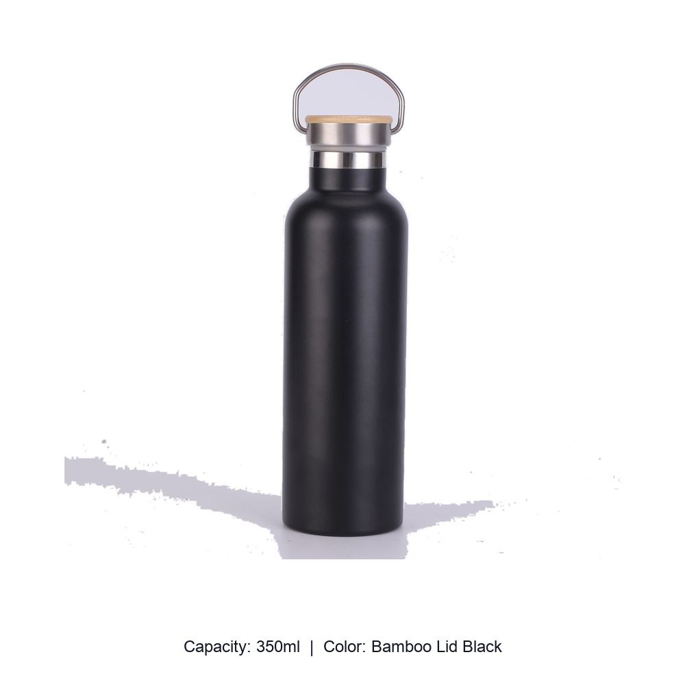 Bamboo-Lid Stainless Steel Wide-Mouth Sports Bottle — 350ml / Bamboo Lid Black