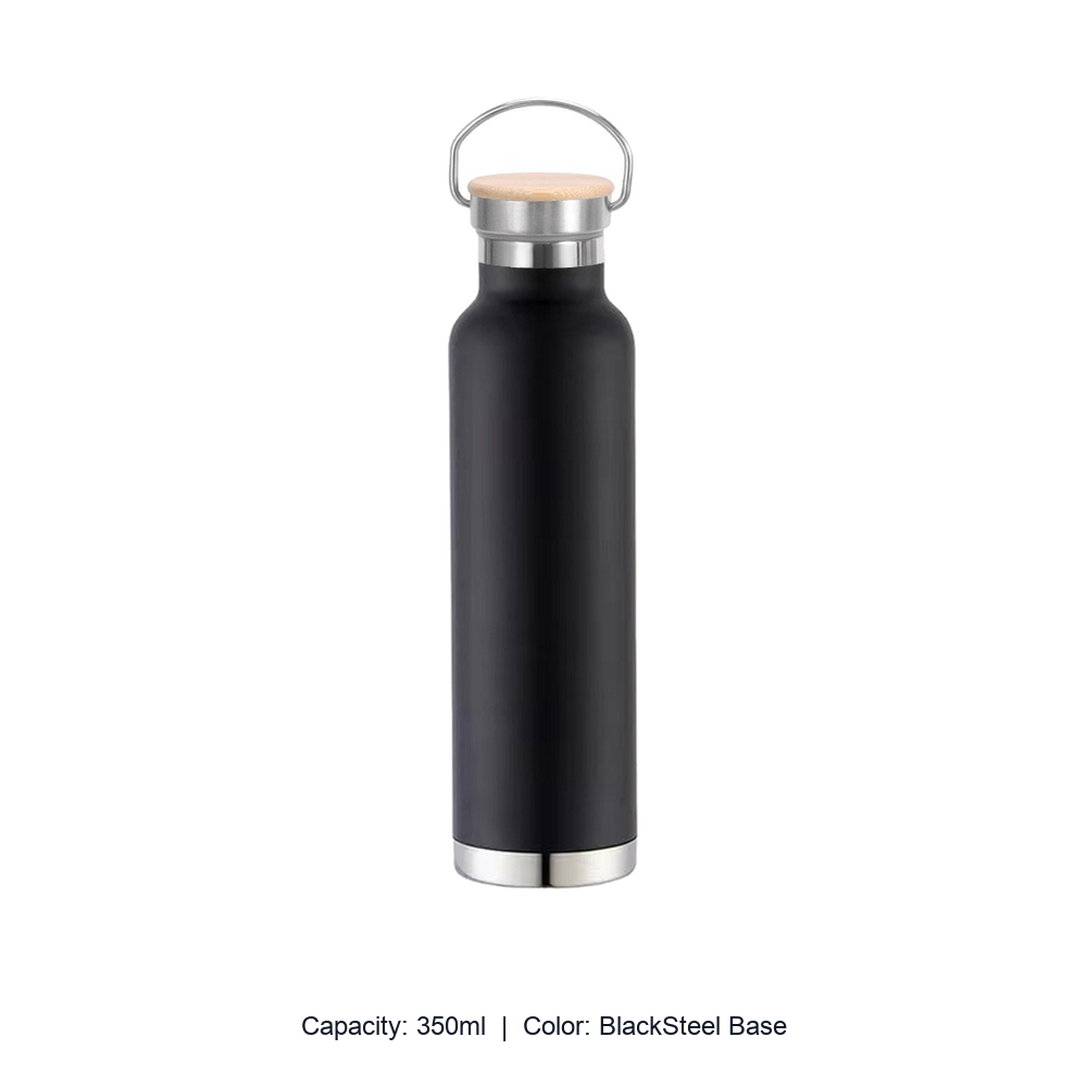 Bamboo-Lid Stainless Steel Wide-Mouth Sports Bottle — 350ml / BlackSteel Base