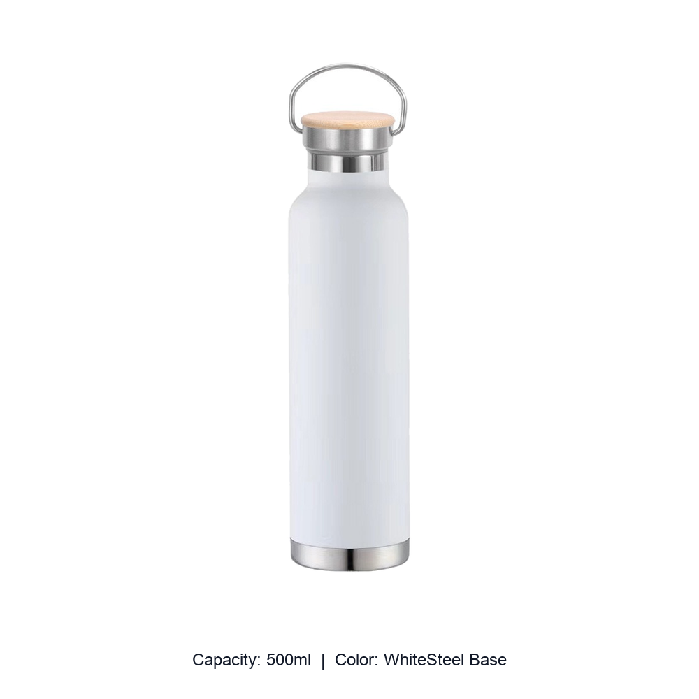 Bamboo-Lid Stainless Steel Wide-Mouth Sports Bottle — 500ml / WhiteSteel Base