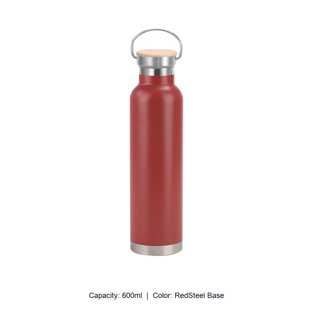 Bamboo-Lid Stainless Steel Wide-Mouth Sports Bottle — 600ml / RedSteel Base