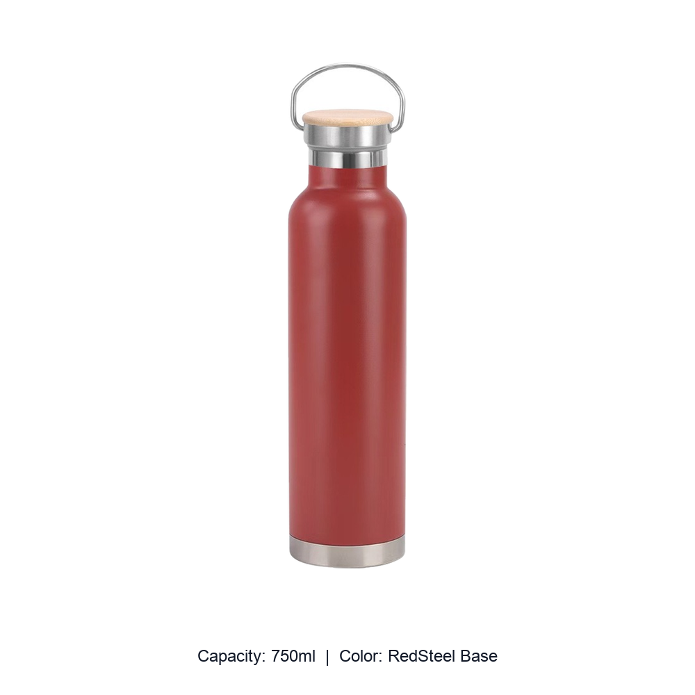 Bamboo-Lid Stainless Steel Wide-Mouth Sports Bottle — 750ml / RedSteel Base