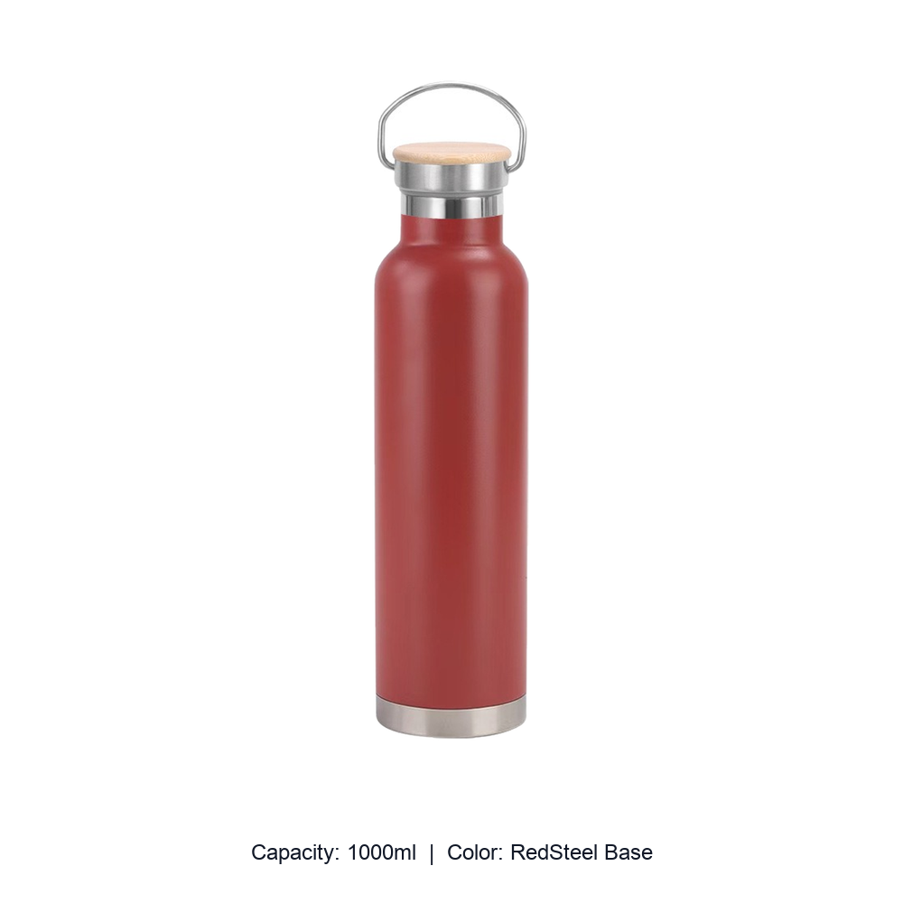 Bamboo-Lid Stainless Steel Wide-Mouth Sports Bottle — 1000ml / RedSteel Base