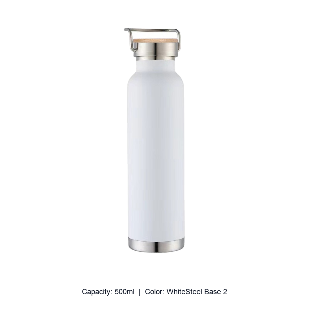 Bamboo-Lid Stainless Steel Wide-Mouth Sports Bottle — 500ml / WhiteSteel Base 2