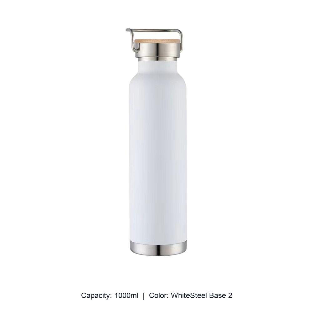 Bamboo-Lid Stainless Steel Wide-Mouth Sports Bottle — 1000ml / WhiteSteel Base 2