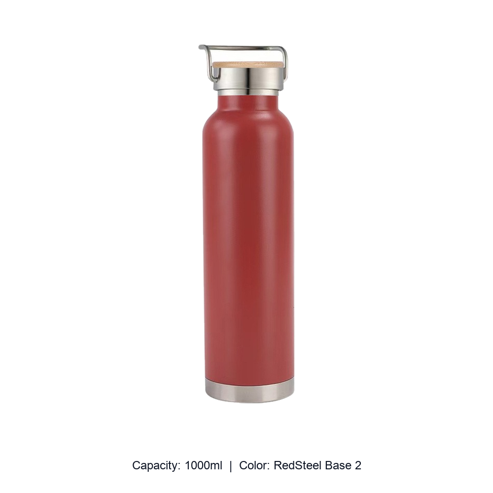 Bamboo-Lid Stainless Steel Wide-Mouth Sports Bottle — 1000ml / RedSteel Base 2