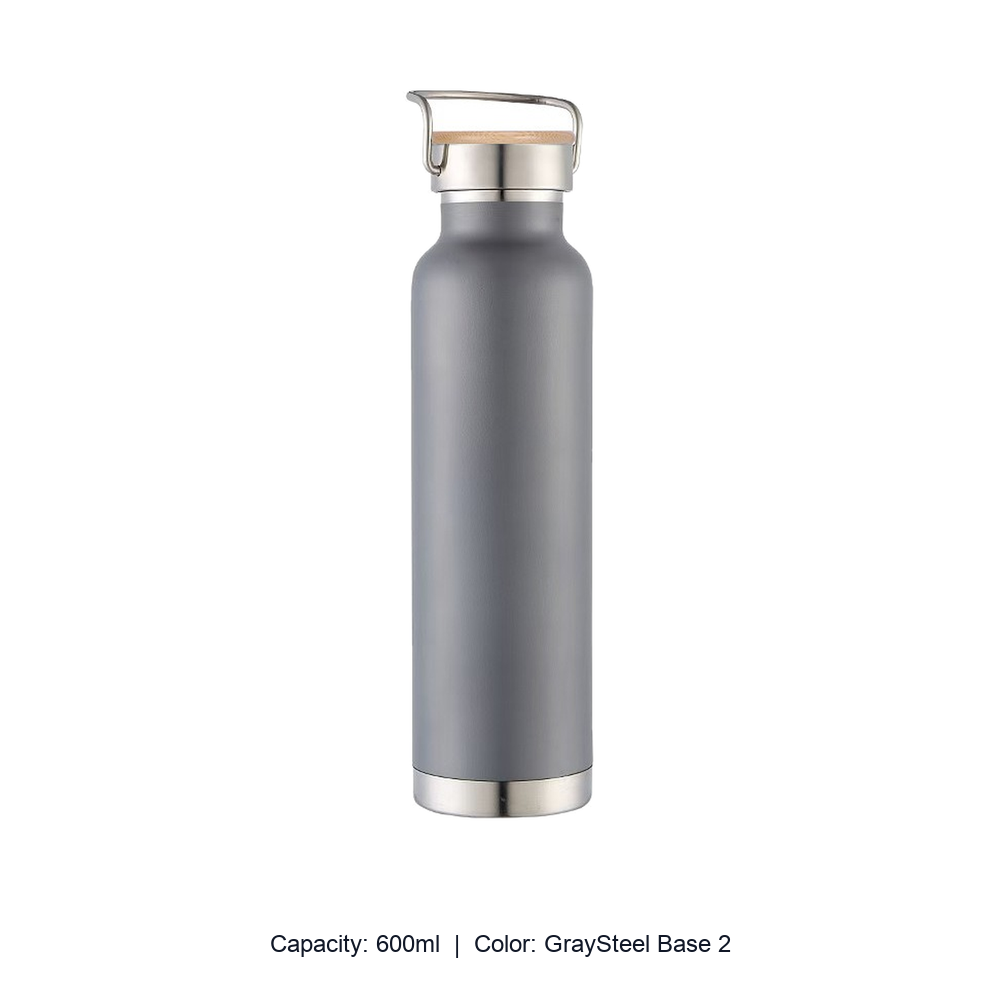 Bamboo-Lid Stainless Steel Wide-Mouth Sports Bottle — 600ml / GraySteel Base 2