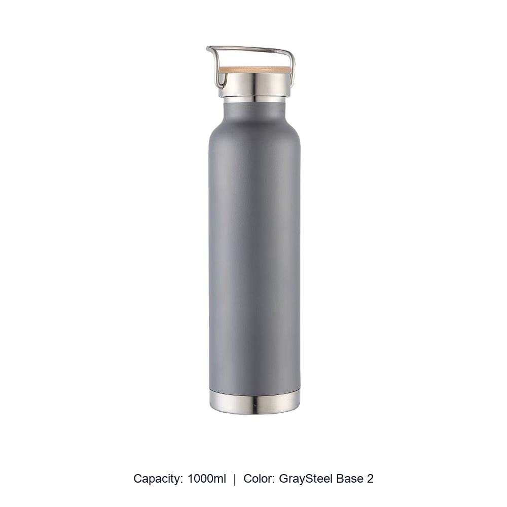 Bamboo-Lid Stainless Steel Wide-Mouth Sports Bottle — 1000ml / GraySteel Base 2