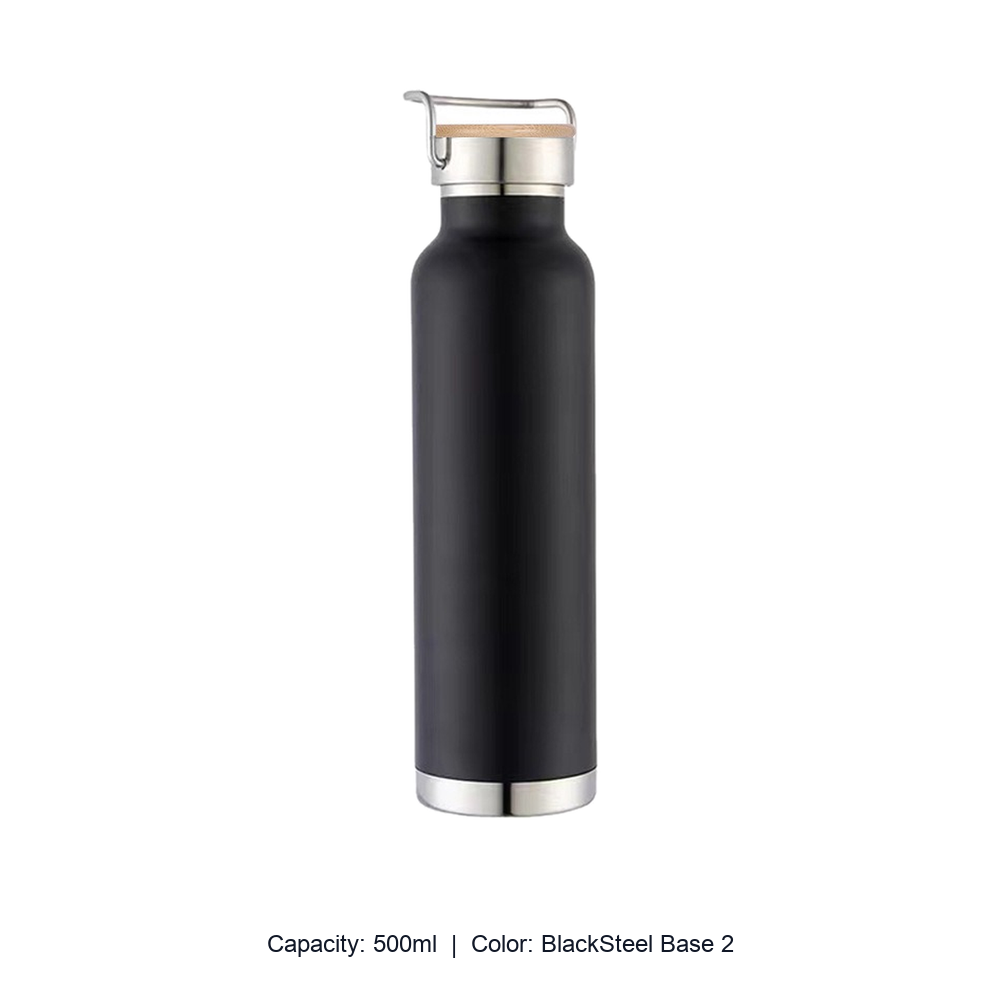 Bamboo-Lid Stainless Steel Wide-Mouth Sports Bottle — 500ml / BlackSteel Base 2