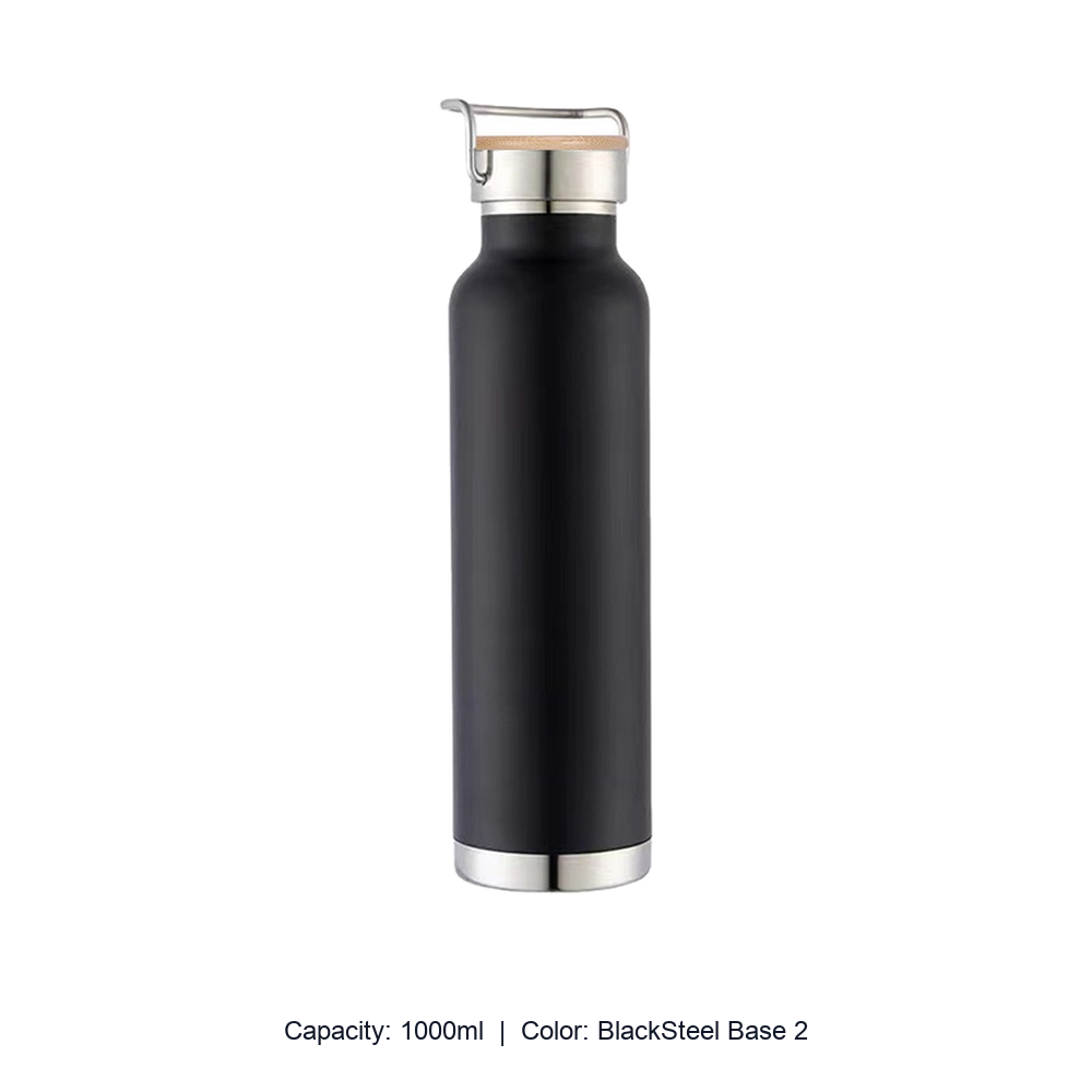 Bamboo-Lid Stainless Steel Wide-Mouth Sports Bottle — 1000ml / BlackSteel Base 2