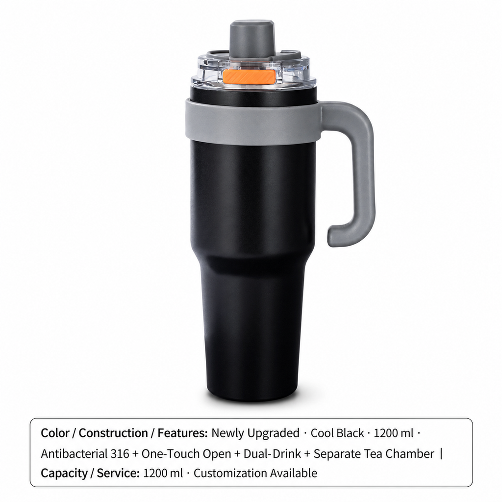 Ceramic-Lined Quick-Open Insulated Tumbler — 1200 ml · Customization Available / Newly Upgraded · Cool Black · 1200 ml · Antibacterial 316 + One-Touch Open + Dual-Drink + Separate Tea Chamber