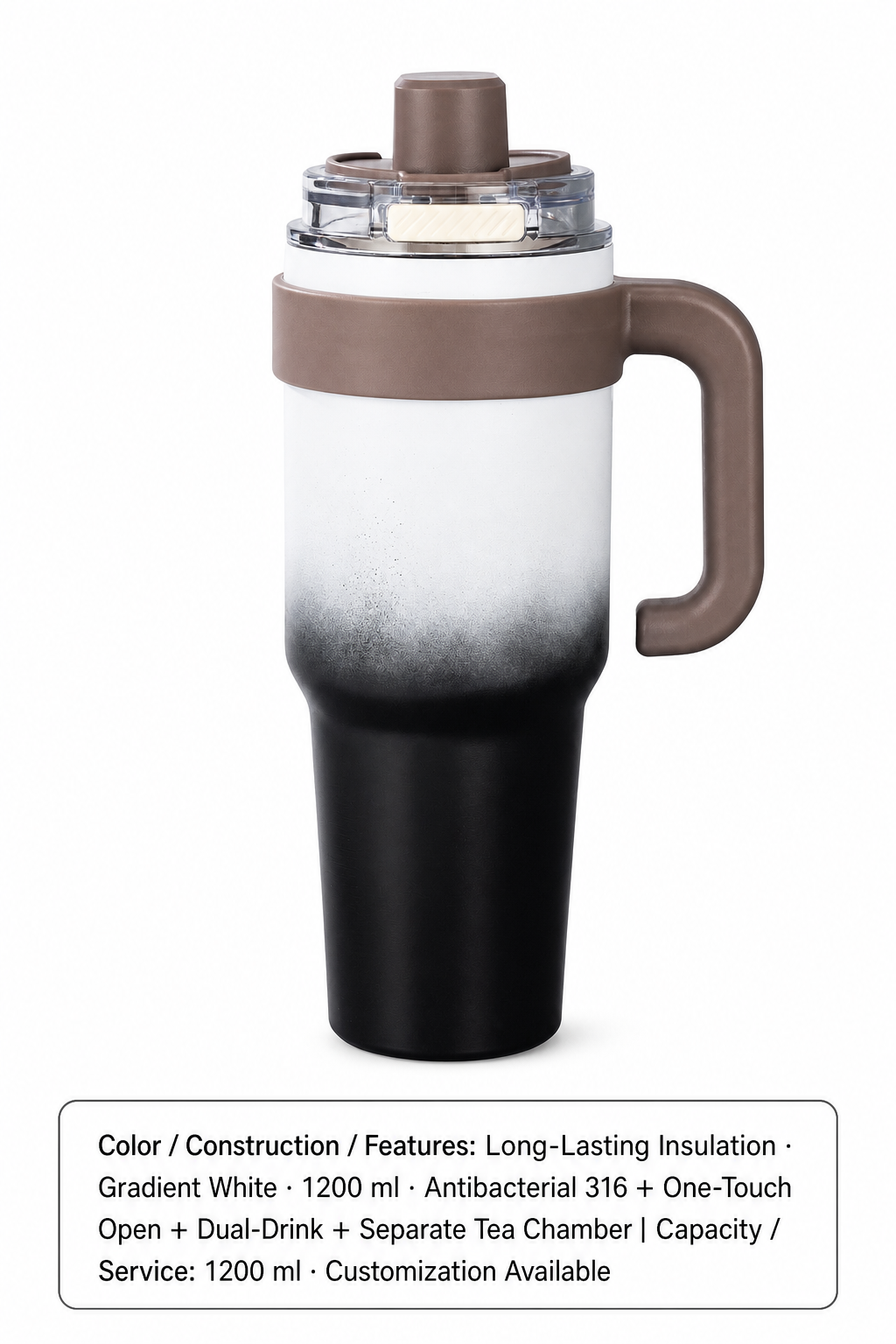 Ceramic-Lined Quick-Open Insulated Tumbler — 1200 ml · Customization Available / Long-Lasting Insulation · Gradient White · 1200 ml · Antibacterial 316 + One-Touch Open + Dual-Drink + Separate Tea Chamber