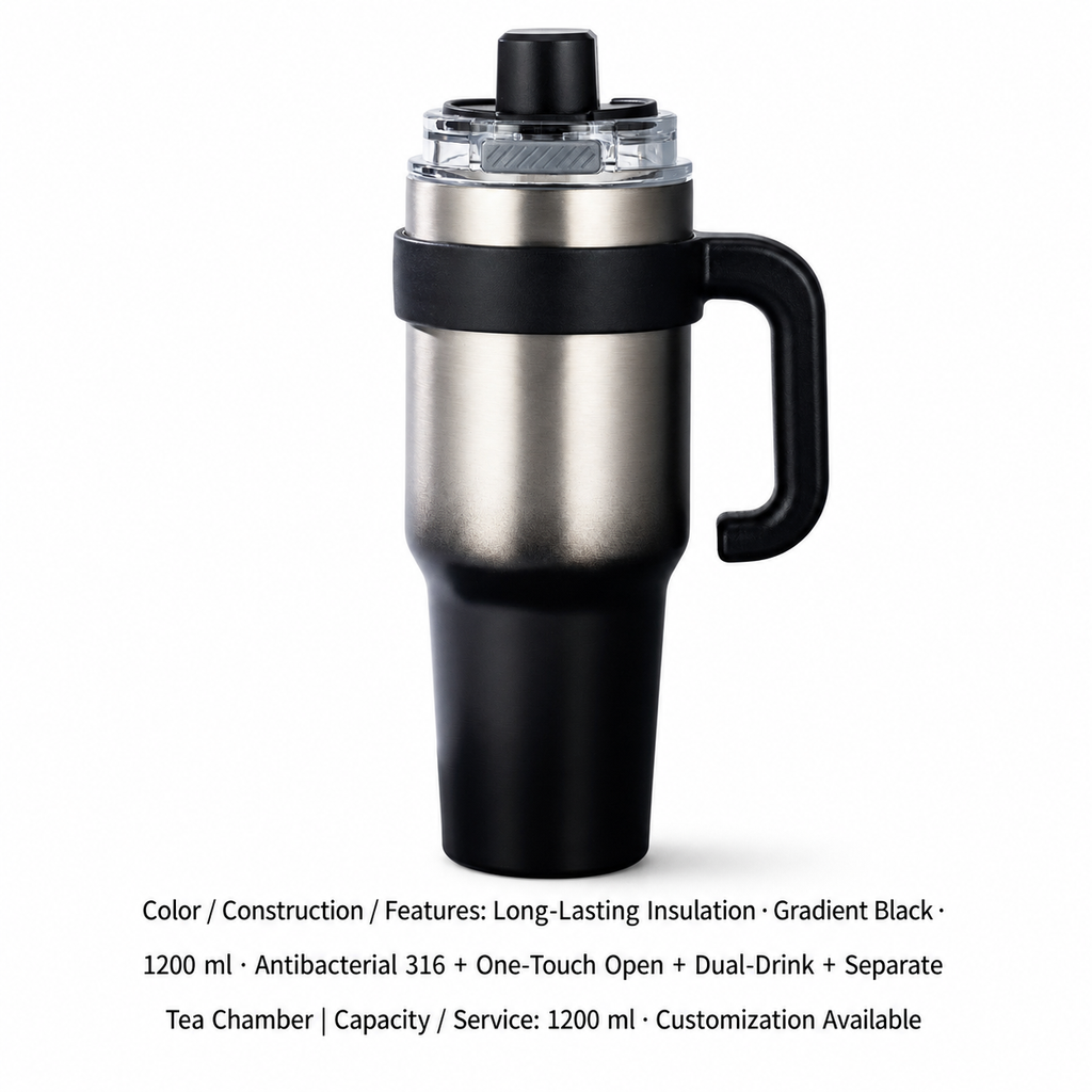 Ceramic-Lined Quick-Open Insulated Tumbler — 1200 ml · Customization Available / Long-Lasting Insulation · Gradient Black · 1200 ml · Antibacterial 316 + One-Touch Open + Dual-Drink + Separate Tea Chamber