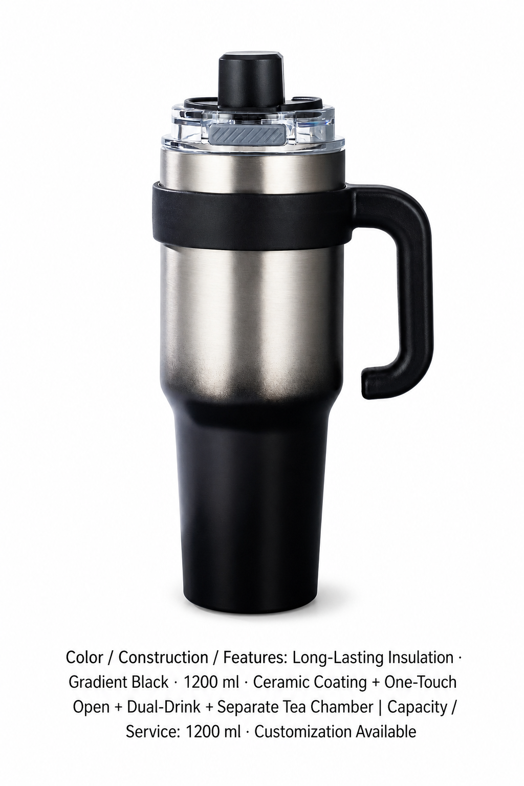 Ceramic-Lined Quick-Open Insulated Tumbler — 1200 ml · Customization Available / Long-Lasting Insulation · Gradient Black · 1200 ml · Ceramic Coating + One-Touch Open + Dual-Drink + Separate Tea Chamber