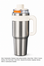 Ceramic-Lined Quick-Open Insulated Tumbler — 1200 ml · Customization Available / Long-Lasting Insulation · Glacier Silver · 1200 ml · Ceramic Coating + One-Touch Open + Dual-Drink + Separate Tea Chamber