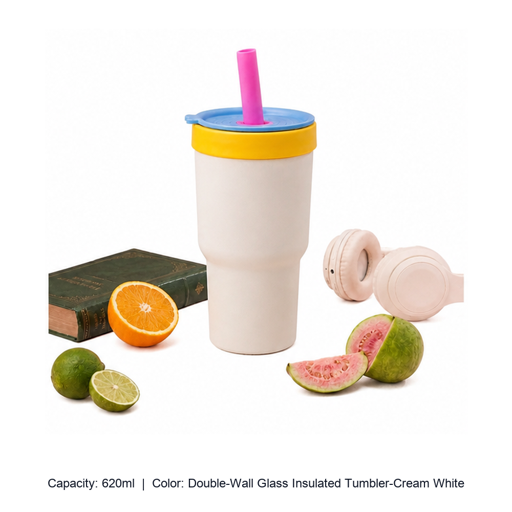 Dual-Purpose Glass-Lined Straw Insulated Tumbler — 620ml / Double-Wall Glass Insulated Tumbler-Cream White