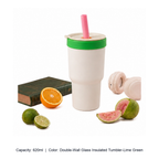 Dual-Purpose Glass-Lined Straw Insulated Tumbler — 620ml / Double-Wall Glass Insulated Tumbler-Lime Green