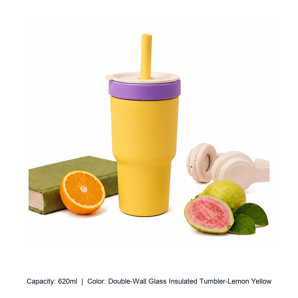 Dual-Purpose Glass-Lined Straw Insulated Tumbler — 620ml / Double-Wall Glass Insulated Tumbler-Lemon Yellow